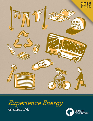 The cover of the Experience Energy, Grades 3-8 Curriculum, which will be featured at the Mankato TeachScience Workshop. Featuring a tan brown background with handdrawn icons of clothes hanging on a clothesline, paper and pen, baseball hat that reads "Team Energy Savings", a school bus, a footprint with CO2 on the bottom, a woman riding a bike, an air conditioning unit with a wrench, and a recycling symbol with three arrows in a triangle that is surrounded by paper and soda cans. Climate Generation's logo is in the bottom corner. 